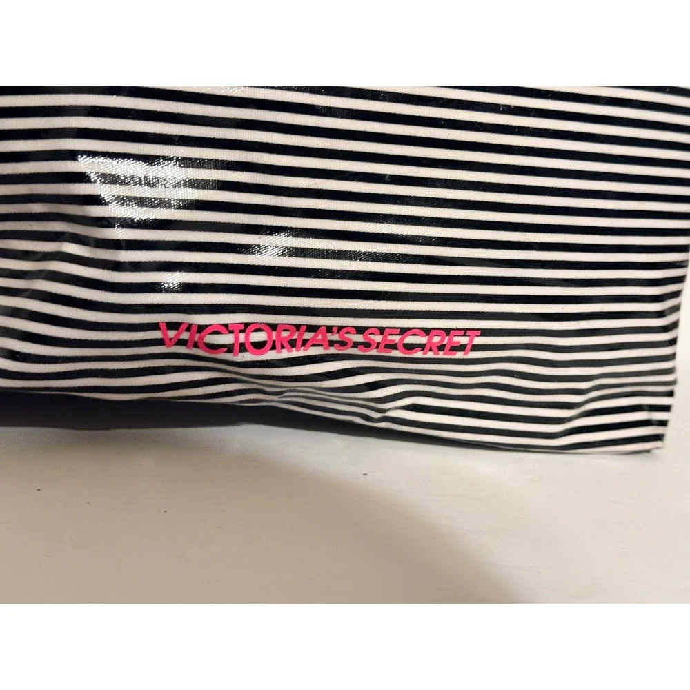 Y2K Victoria's Secret Pink Black White Stripe Vinyl Tote‎ Bag Beach collectible